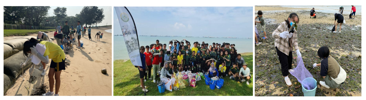 A group of students participate in a beach cleanup, collecting trash along the shore and posing for a group photo.