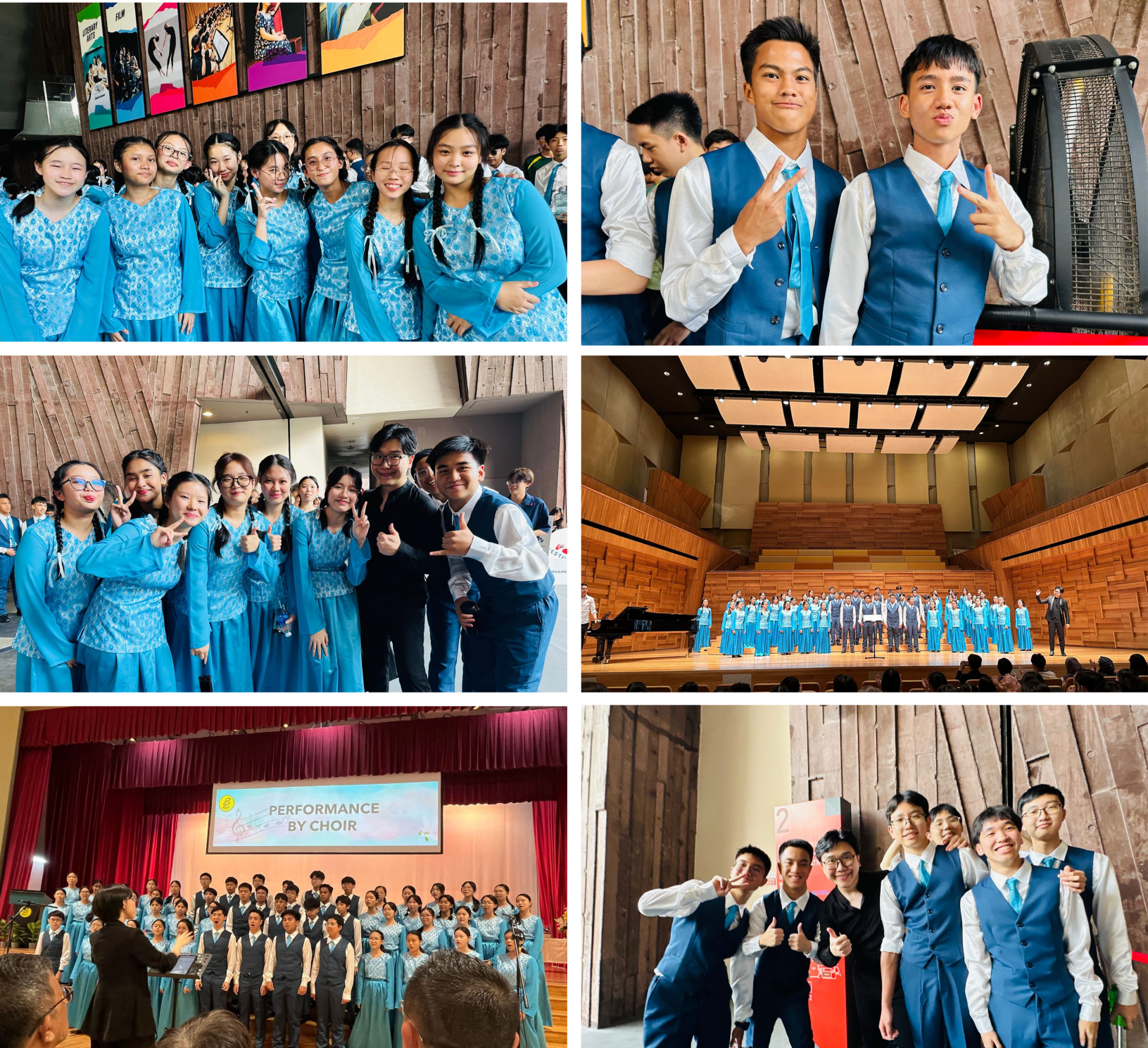 Collage of choir students in blue outfits posing backstage and performing on a concert hall stage.