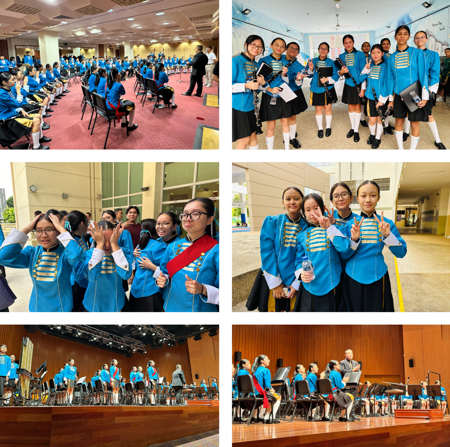 Collage of school band: students in blue uniforms rehearsing on stage and posing in groups indoors and outside.