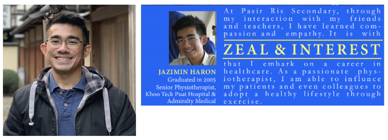 A smiling man wearing glasses beside a blue alumni card for Jazimin Haron, Senior Physiotherapist, graduated 2005.