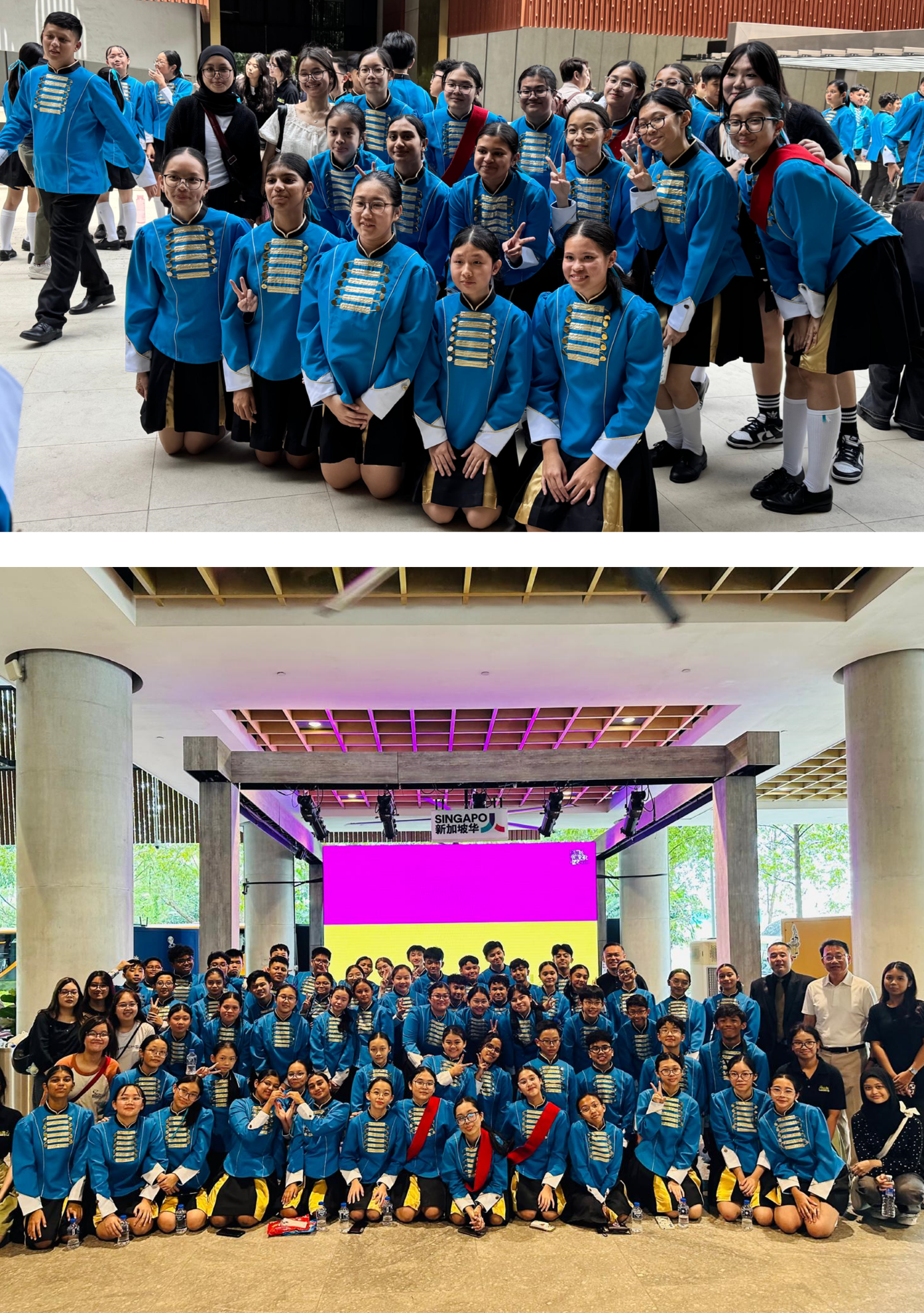 Group photos of students in blue band uniforms posing in a hall, some making peace signs.