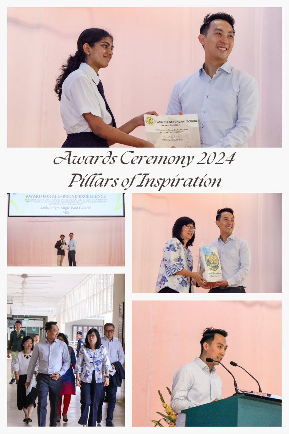 Collage of Pasir Ris Secondary School Awards Ceremony 2024 showing students and staff receiving certificates and trophies.