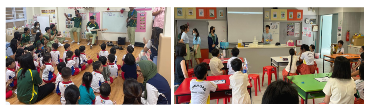 Two classroom scenes: children sit on a floor watching a guitarist, and students at colorful tables face a presenter.