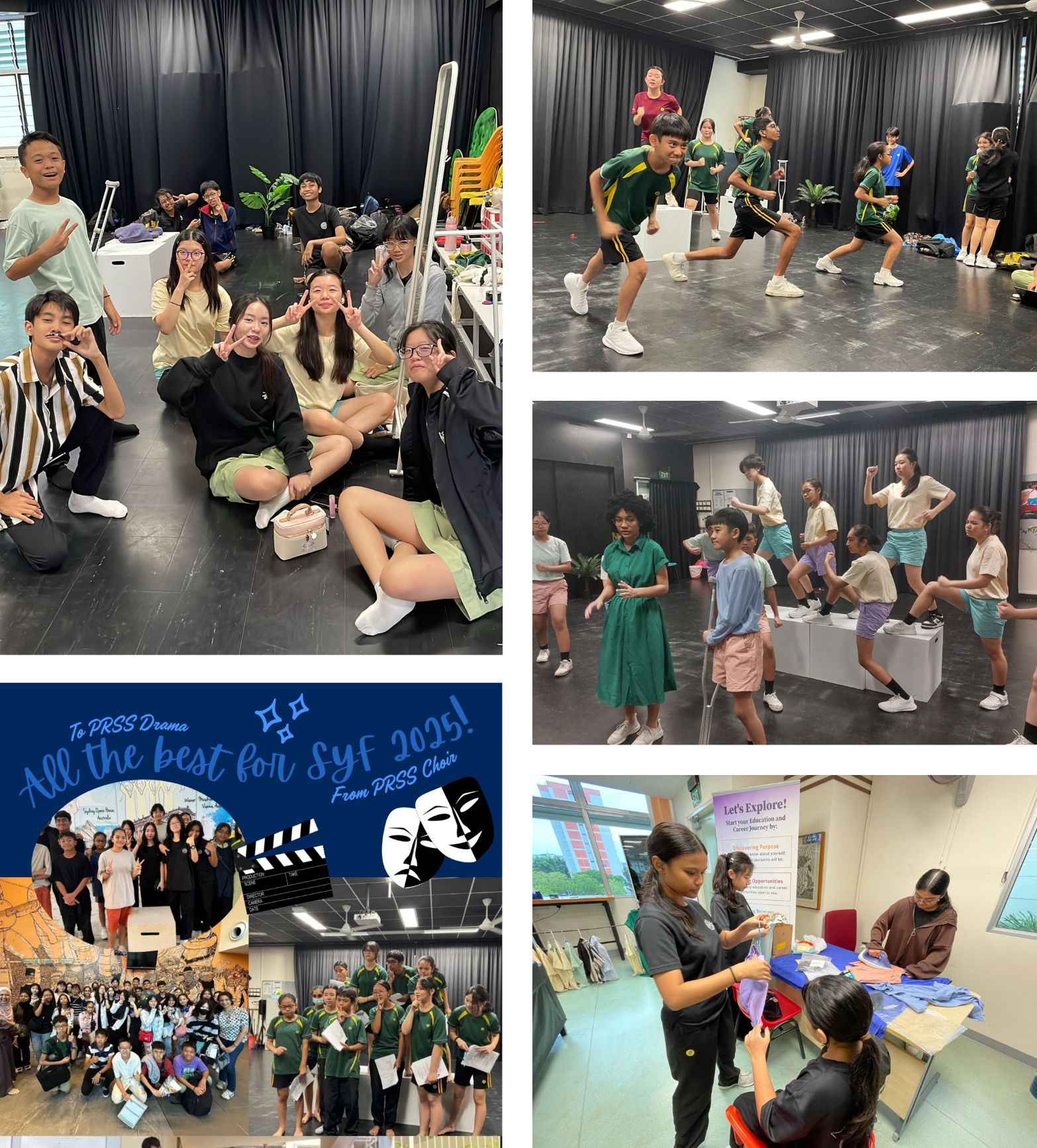 Collage of students in a studio: sitting in circles, group photos, and hands stacked together in a team huddle.