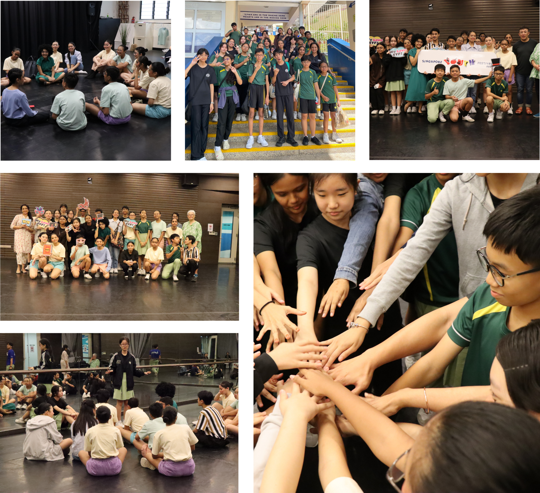 Collage of students in a studio: sitting in circles, group photos, and hands stacked together in a team huddle.