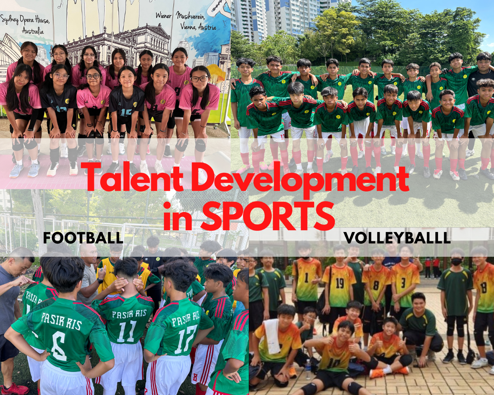 Collage of student teams in football and volleyball with text Talent Development in SPORTS.