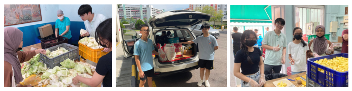 Three scenes of volunteers sorting vegetables, unloading food from a car trunk, and preparing cut fruit in crates.