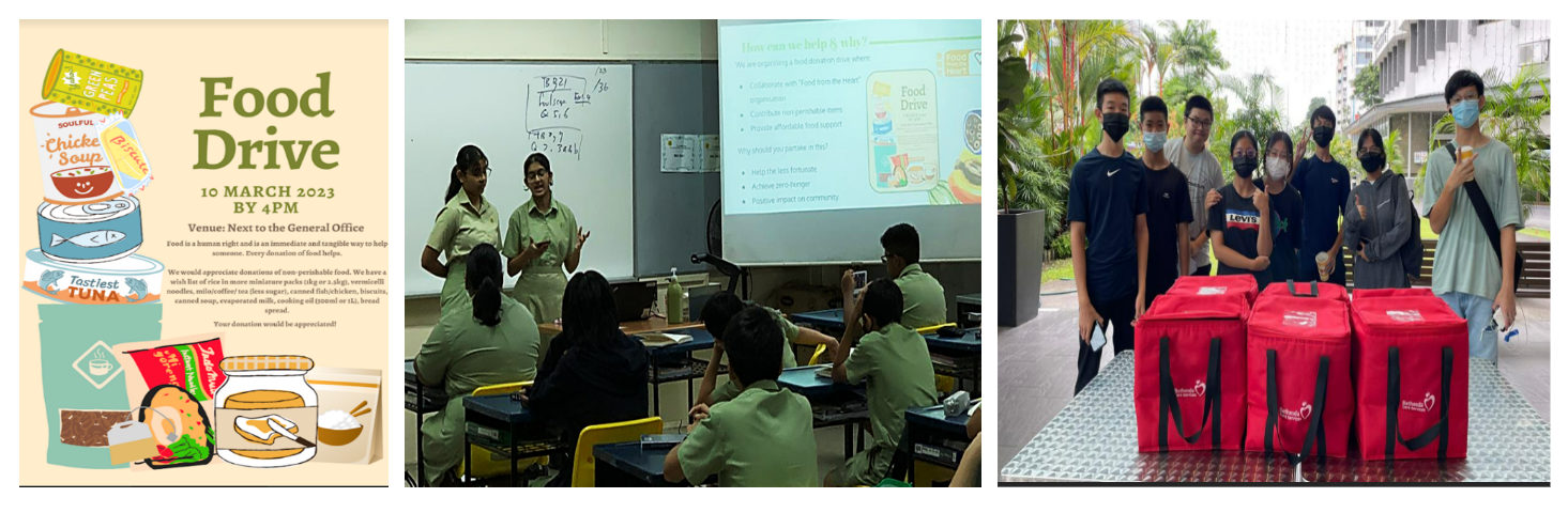 Three panels showing a Food Drive poster, students presenting in class, and masked youth with red donation bags outdoors.