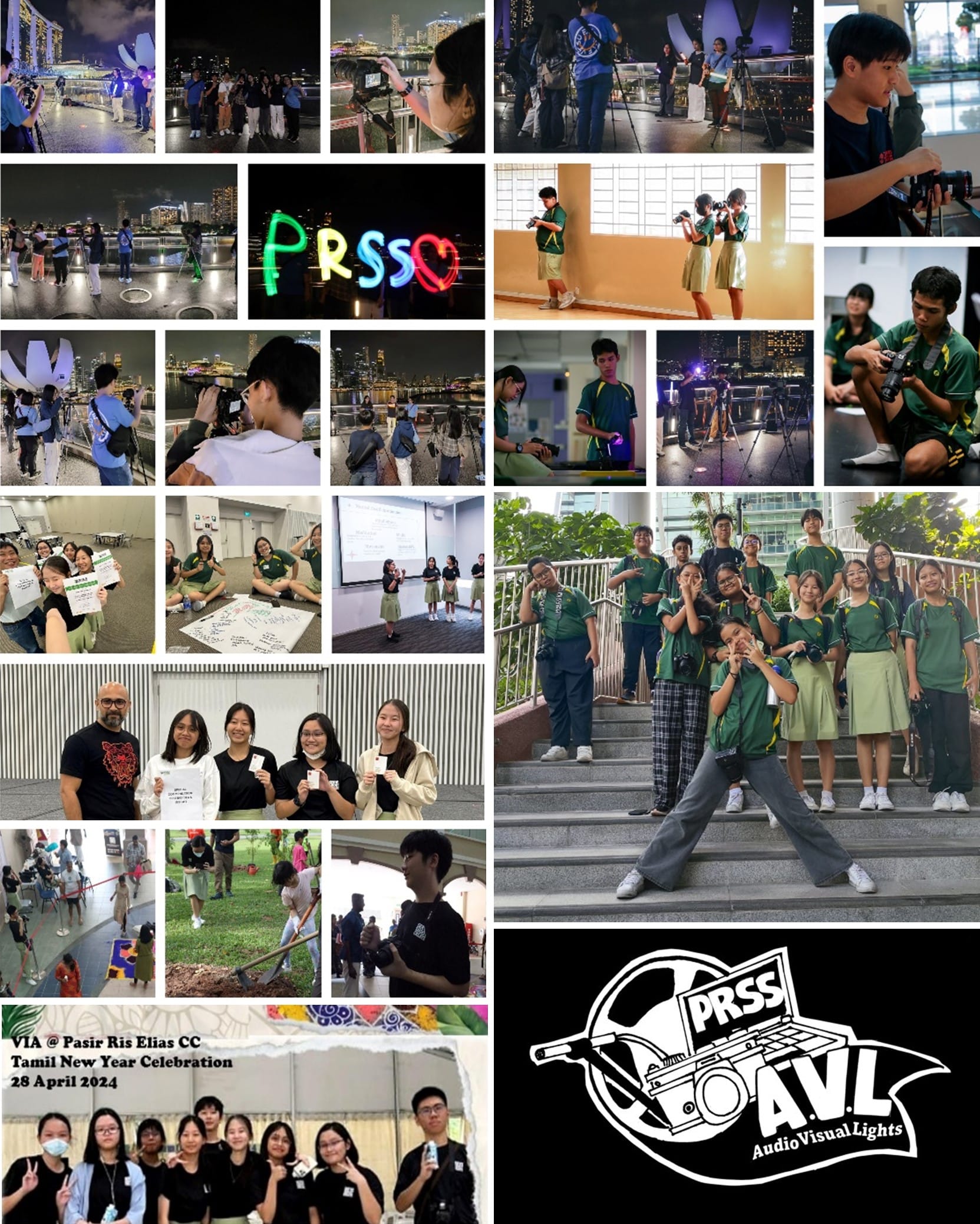 Collage of PRSS AudioVisual Lights club students photographing outdoors at night and posing in green uniforms.