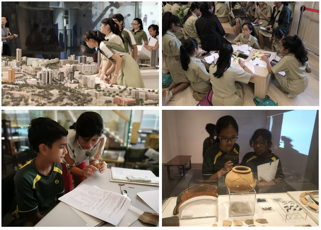 Students in uniforms explore a museum, viewing a city scale model, working on worksheets, and examining ancient pottery artifacts.