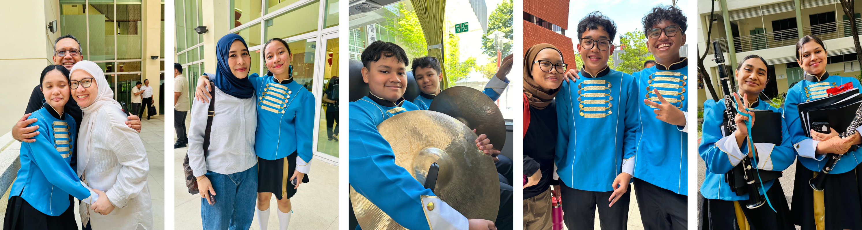 Collage of school band: students in blue uniforms rehearsing on stage and posing in groups indoors and outside.