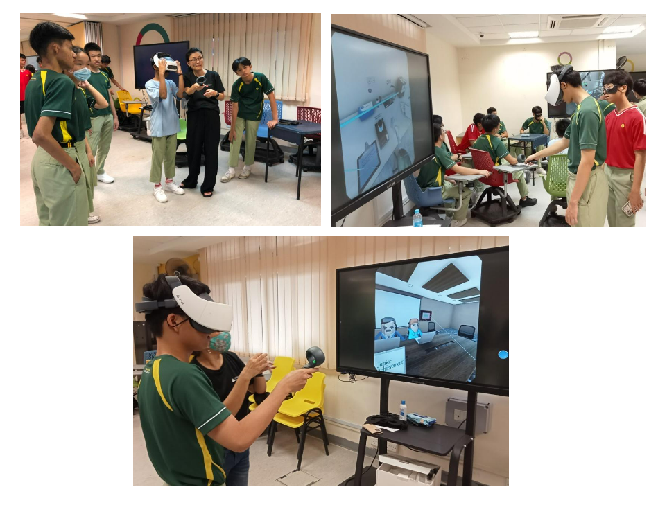 Students in green uniforms use VR headsets and controllers in a classroom, with a large screen displaying a virtual environment.