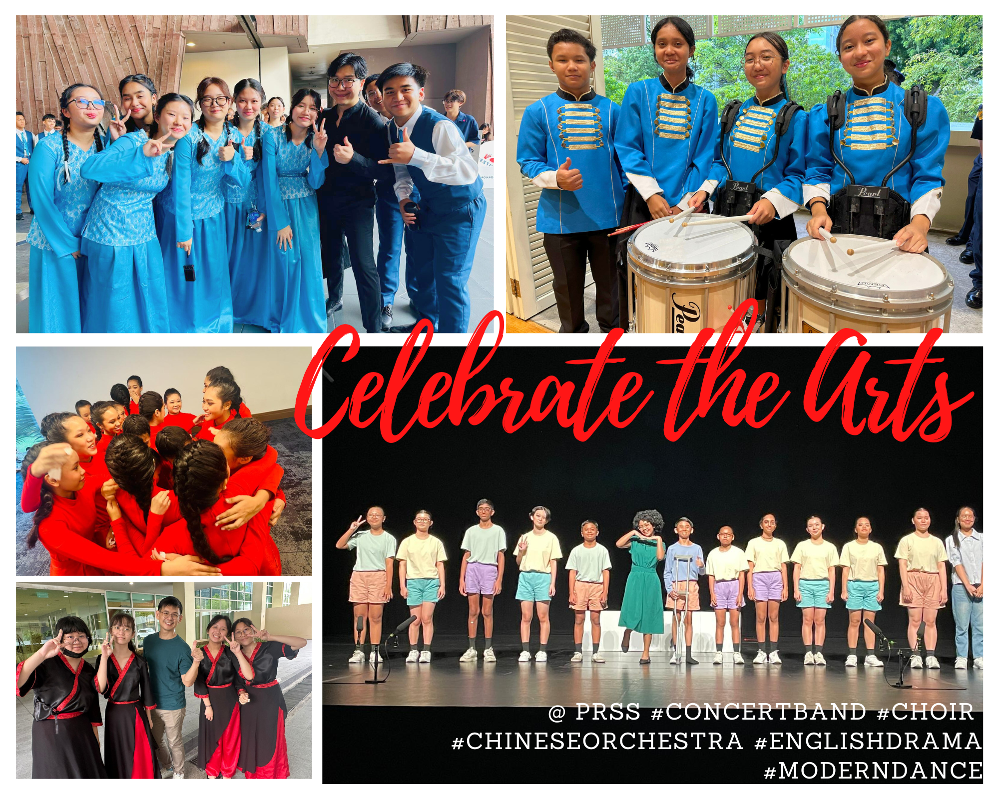 Collage of images of students performing arts on stage.