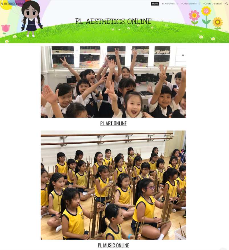 Website for PL Aesthetics Online showing children in art class and girls in yellow uniforms playing instruments.