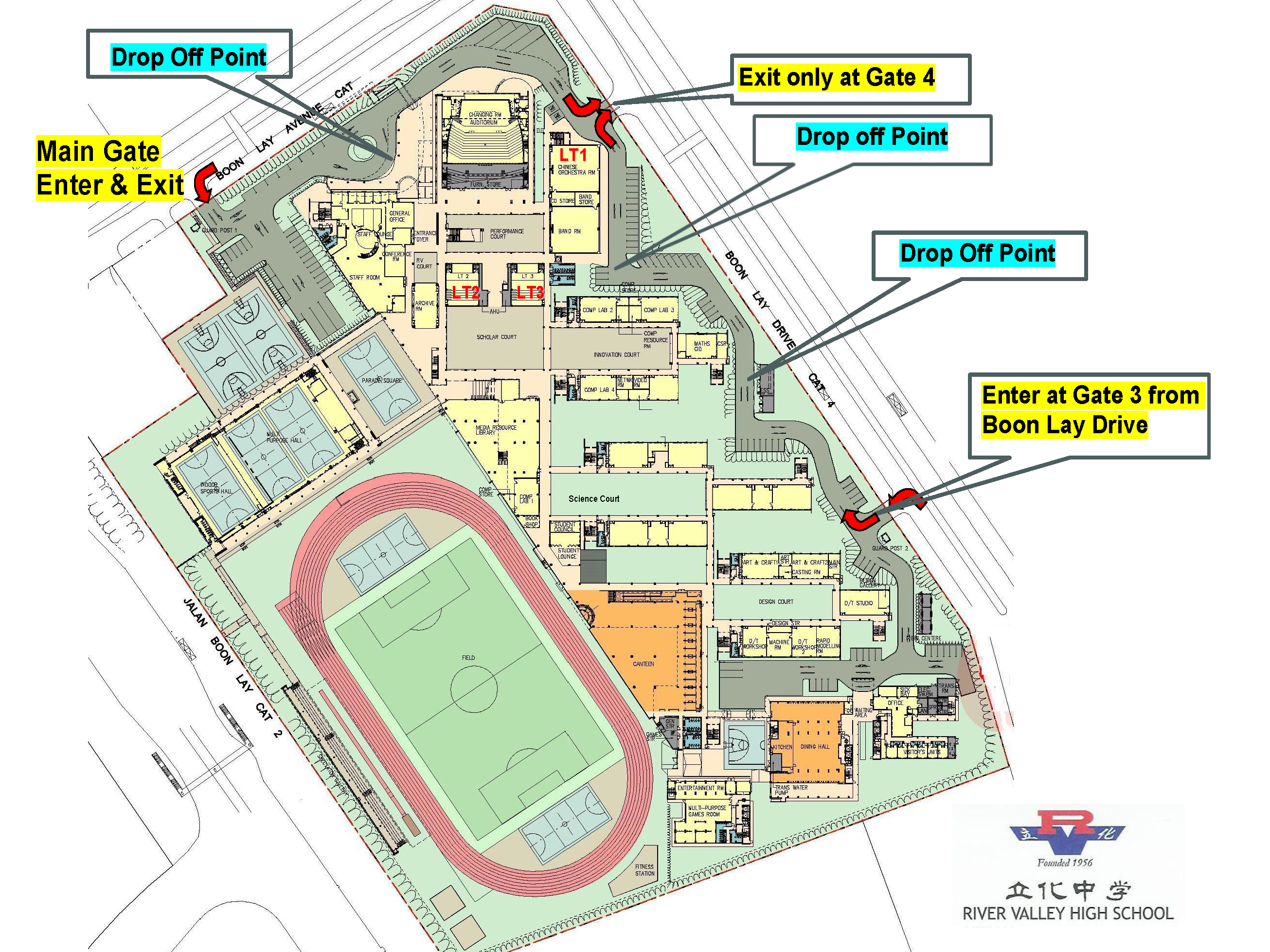 Campus map with gates 3 and 4, main gate, and three drop-off points labeled around the perimeter.