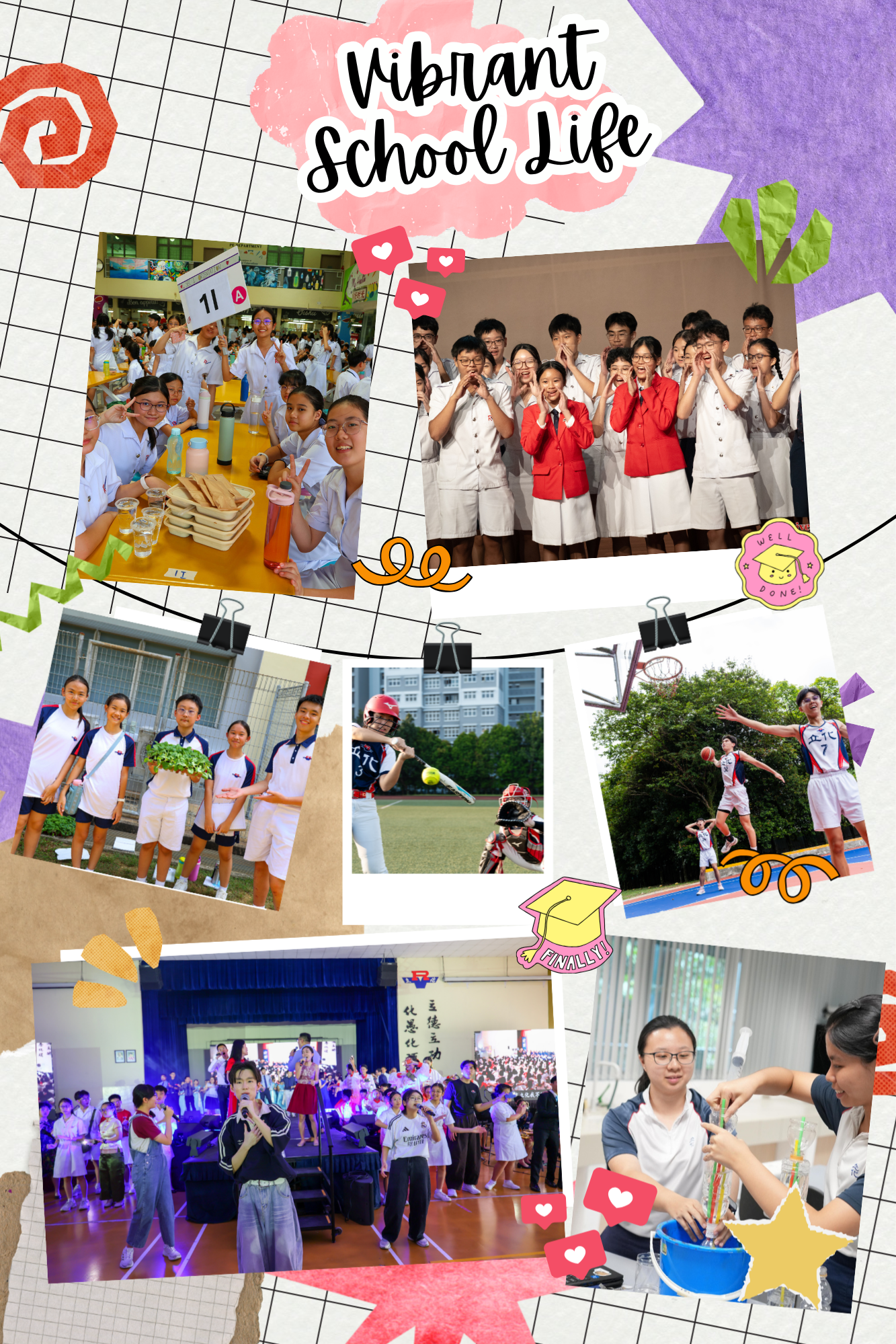 Collage titled Vibrant School Life with photos of students eating, cheering, playing sports, performing, and lab work.