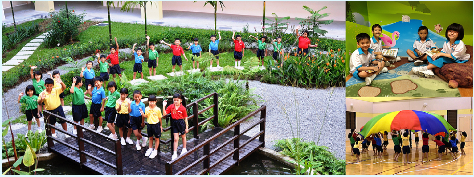 Children in colorful uniforms wave in a garden, read books, and play with a rainbow parachute indoors.