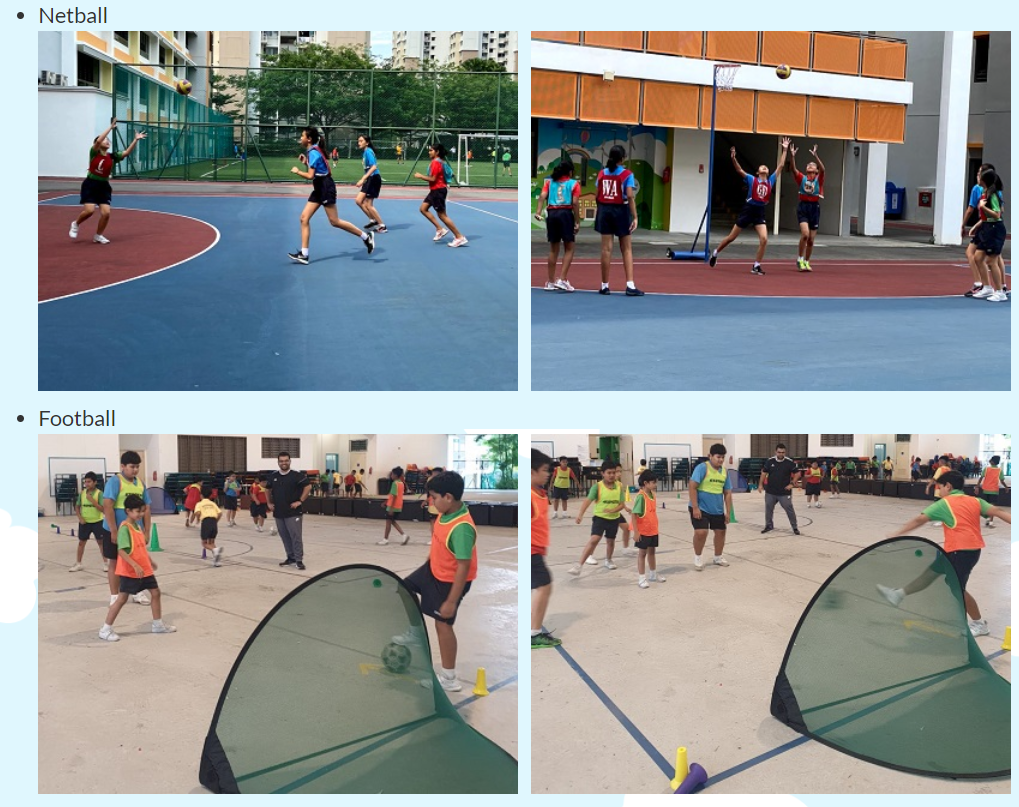Four photos show students playing netball on outdoor courts and football indoors with small goals.
