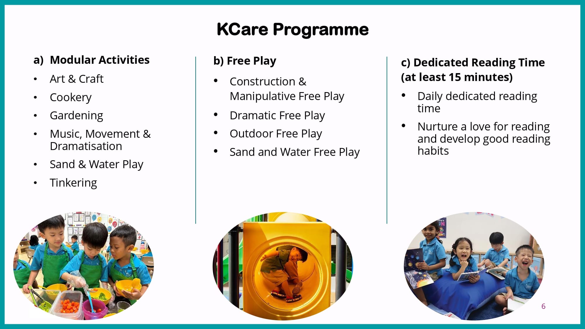 Slide titled KCare Programme listing modular activities, free play, and reading time, with photos of children.
