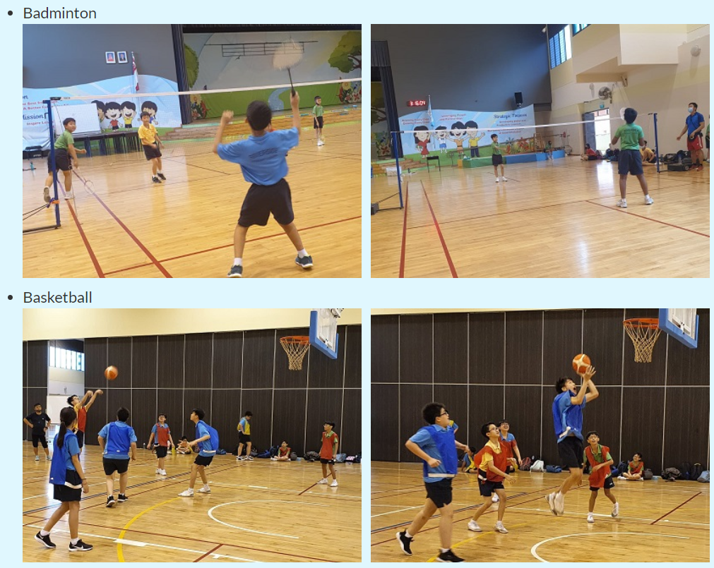 Four photos showing children playing badminton on an indoor court and basketball in a gymnasium.