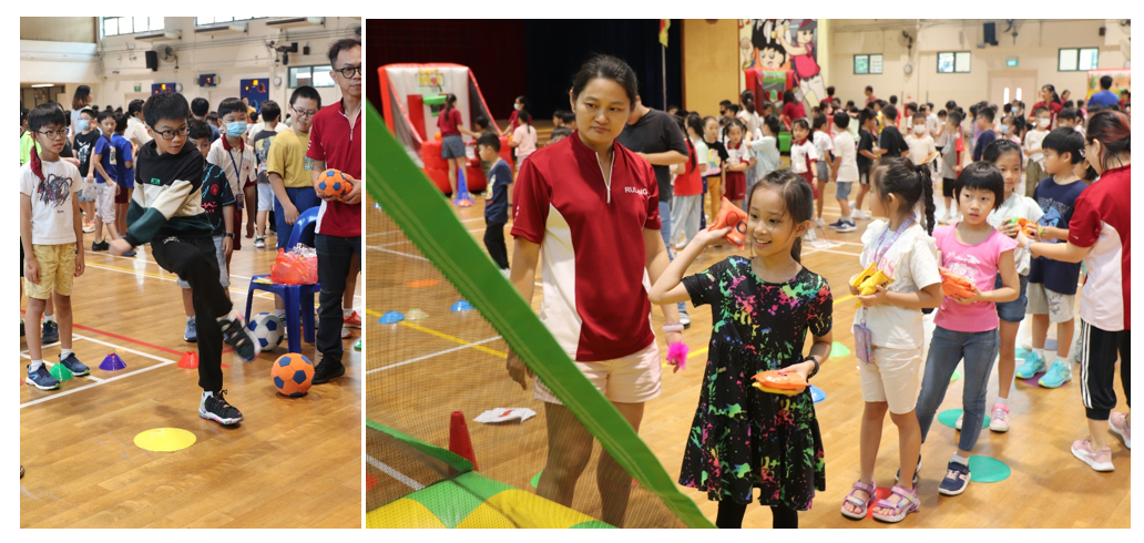 Children participate in indoor sports activities in a gymnasium, with adults supervising on a wooden court floor.