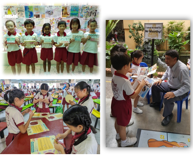 Three school scenes: girls holding cards, students at tables with worksheets, and a child reading to a seated man labeled Mr Moorthy.
