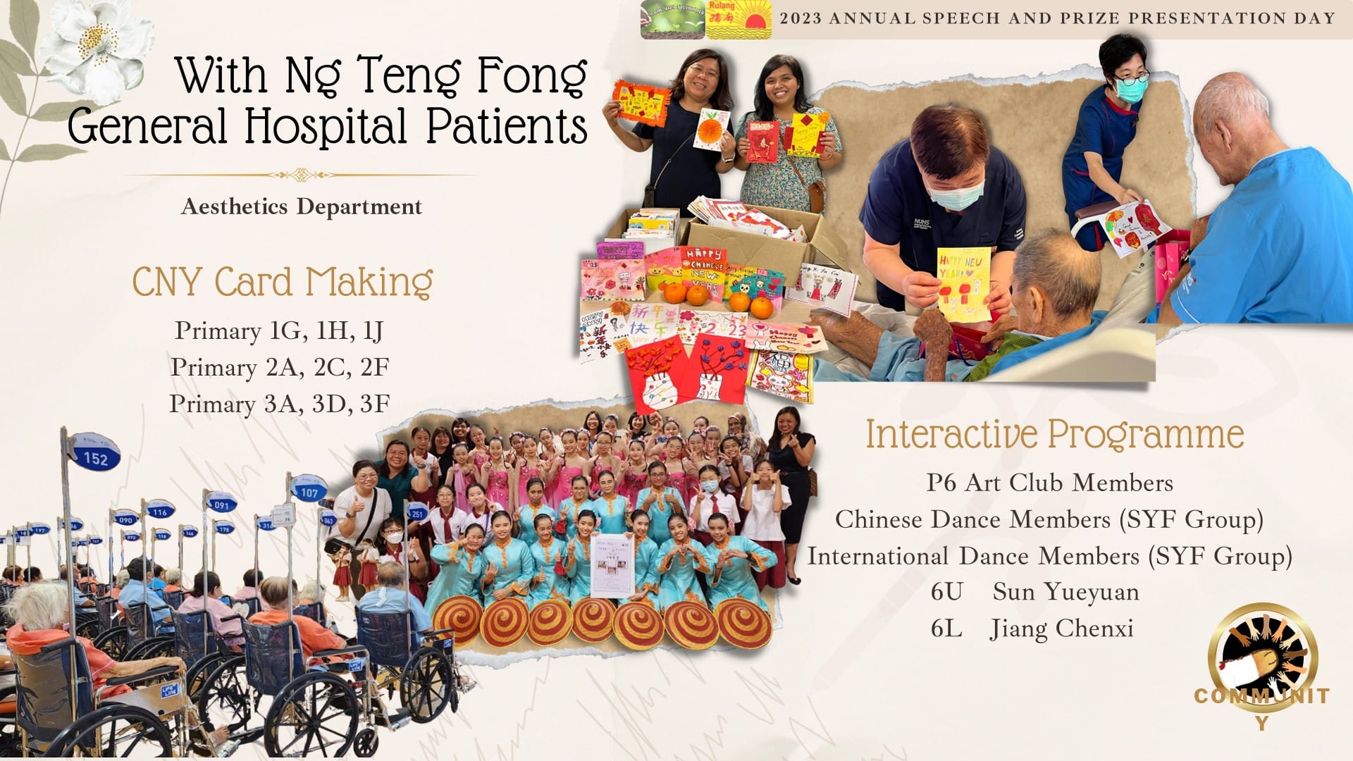 Flyer showing students making CNY cards and performing for Ng Teng Fong General Hospital patients.