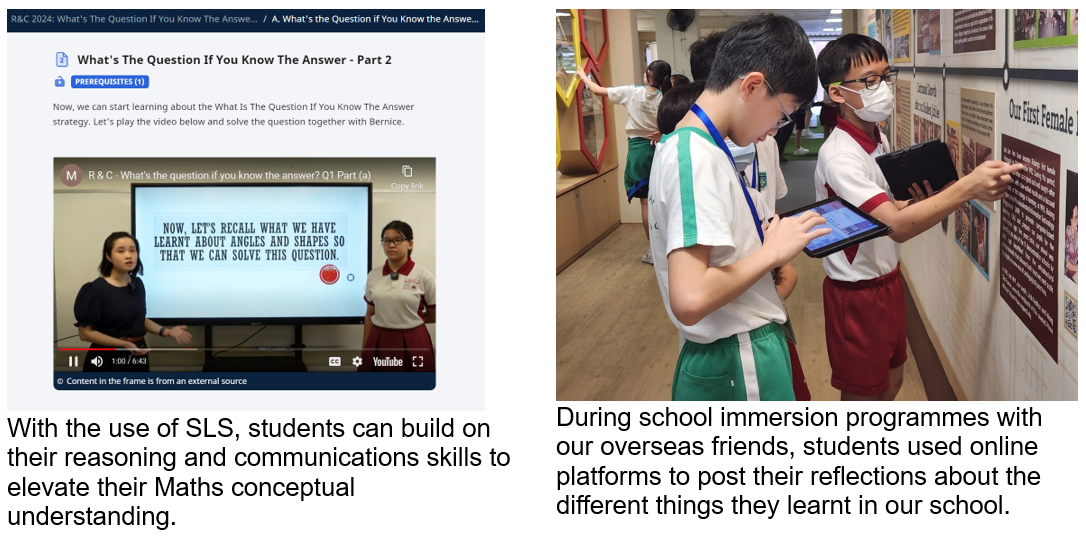 Two school scenes: a math e-learning video on SLS, and two students using a tablet near a wall display.