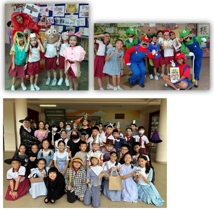 Students in costumes pose together at a school book character dress-up event across three group photos.