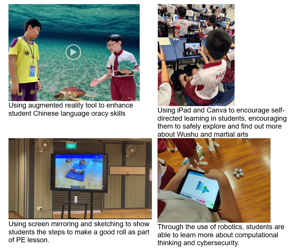 Four school photos showing students using AR, iPads, screen mirroring, and robotics in various lessons.
