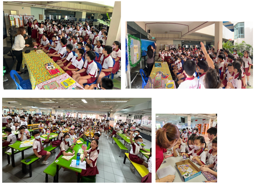 Four school scenes showing students in red and white uniforms seated at tables during classroom and group activities.