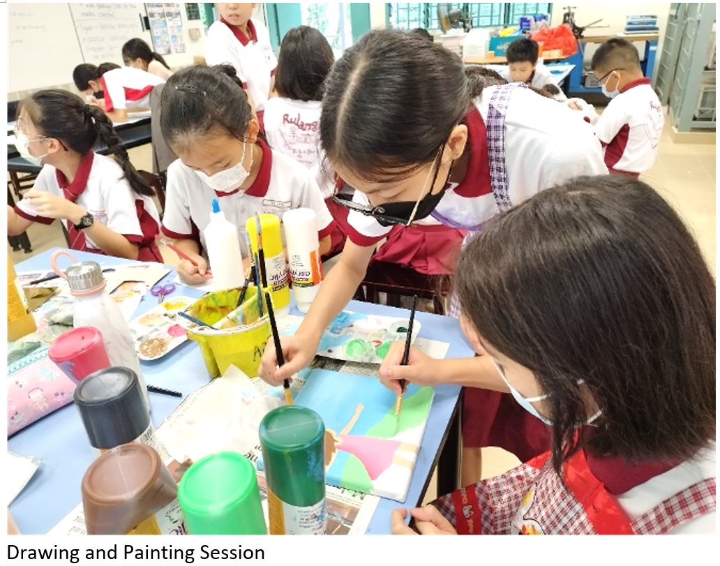 Children in school uniforms and masks paint with brushes on paper at a table covered with paints and supplies.