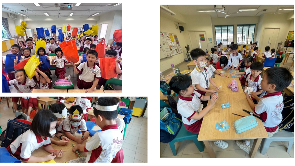 Young students in school uniforms hold colorful tote bags in one photo, and work at desks in two other classroom photos.