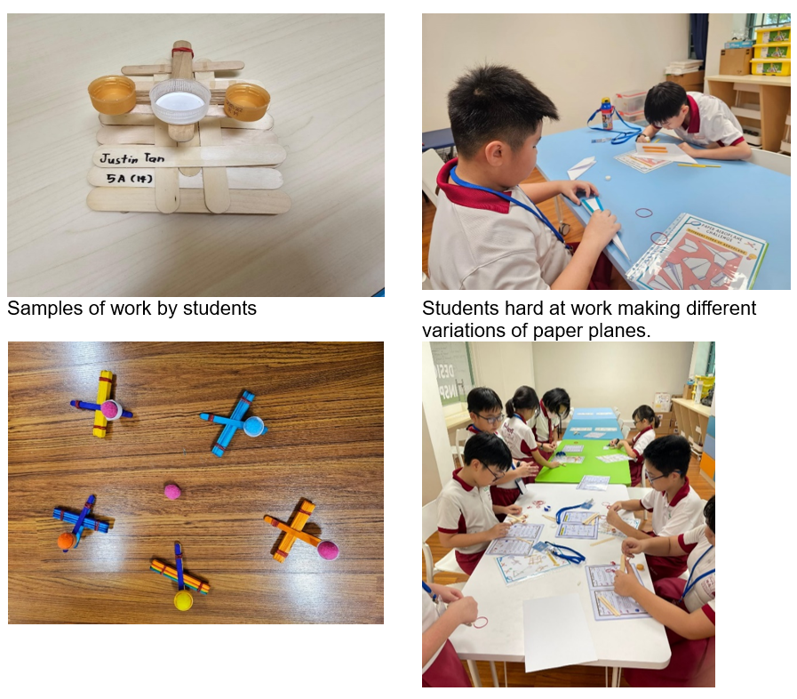 Four photos show students' craft projects including popsicle stick planes, colorful stick models, and children working at tables.