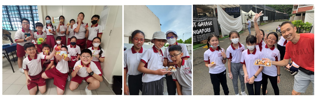 Three photos of school children in white and red uniforms posing with food, some wearing masks, outdoors and indoors.