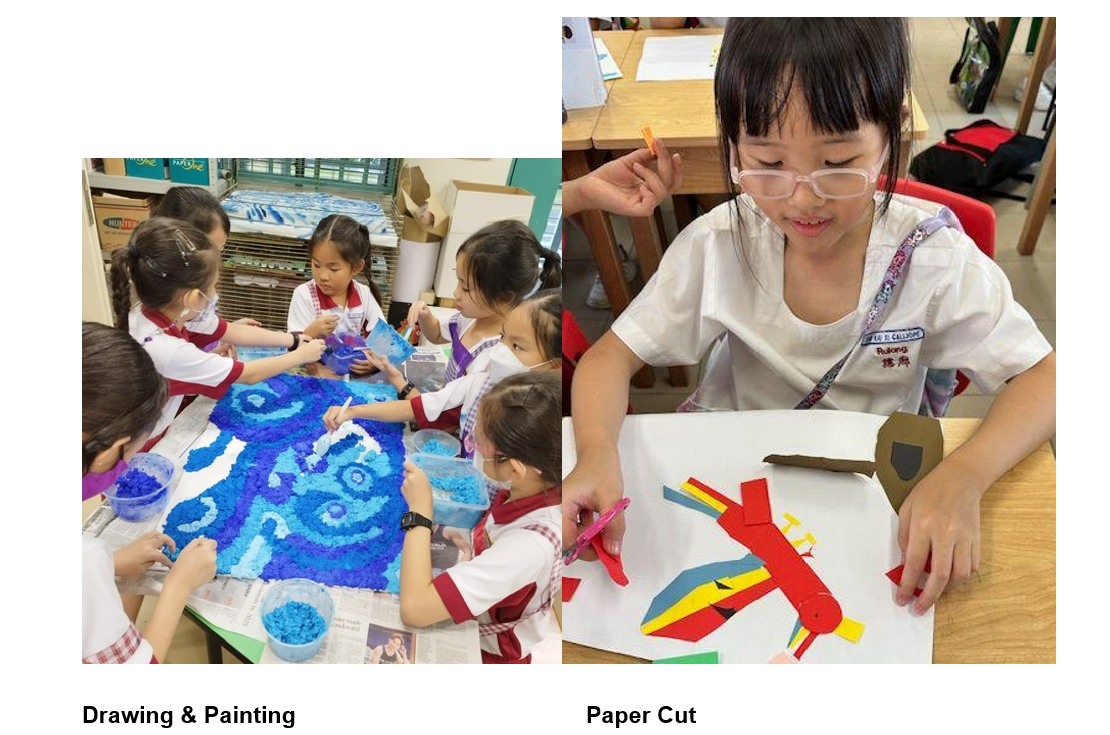 Children doing art: one group creates a blue mosaic painting, and a girl with glasses cuts colorful paper shapes.