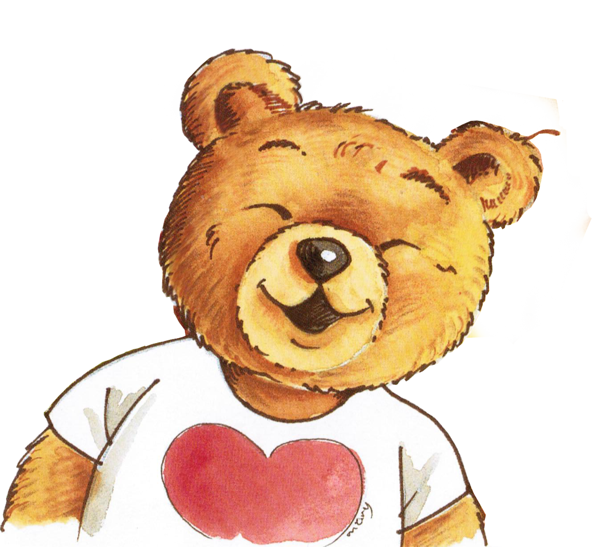 Illustrated smiling brown teddy bear wearing a white t-shirt with a large red heart on it.