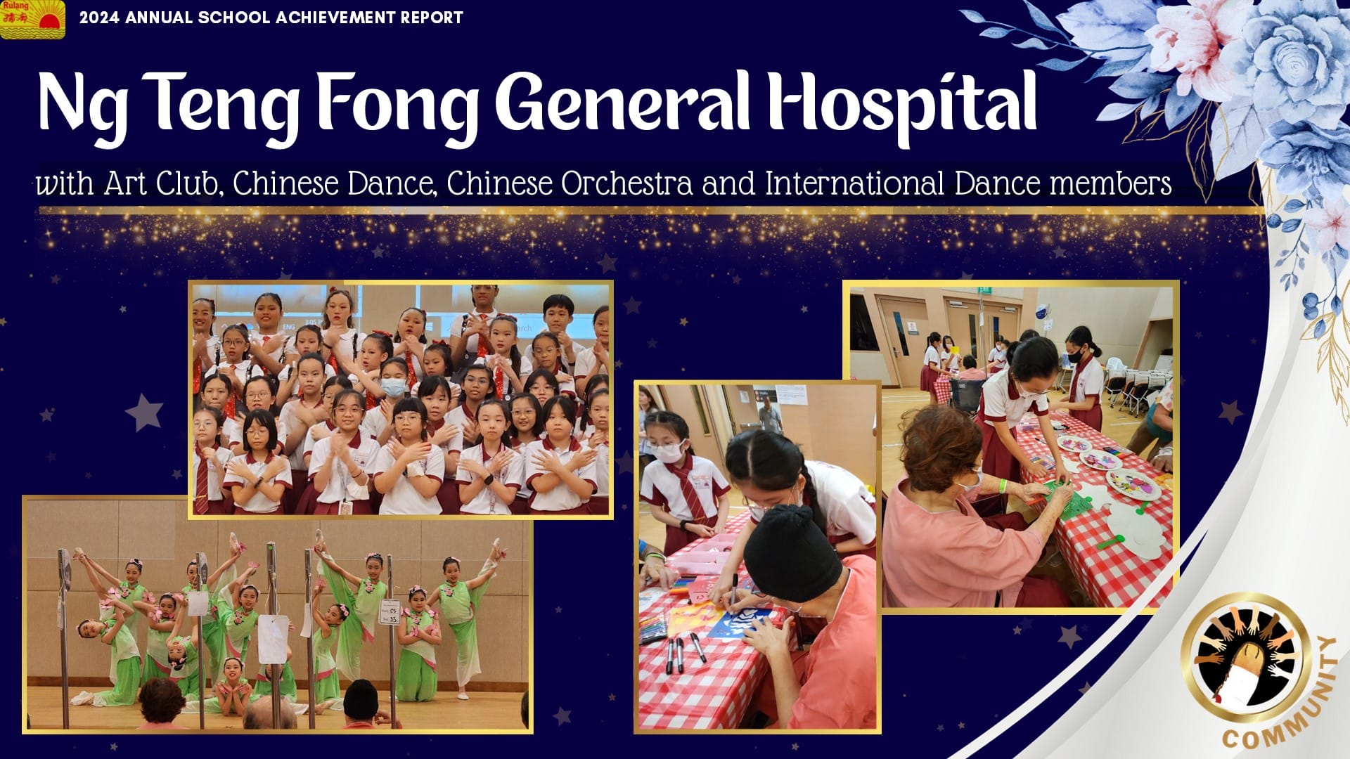 2024 school report slide showing students performing Chinese dance and doing art activities at Ng Teng Fong General Hospital.