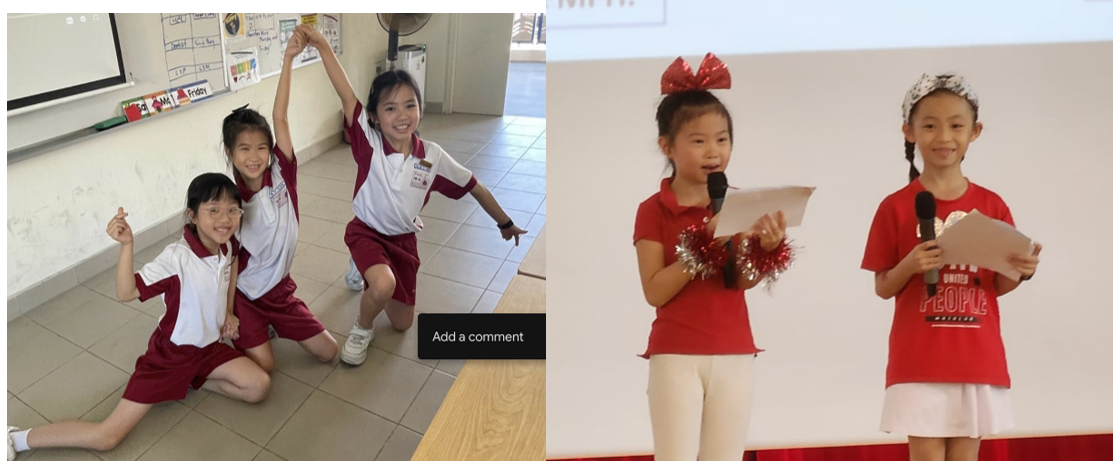 Three girls pose in school uniforms in a classroom; two girls in red outfits hold microphones on a stage.