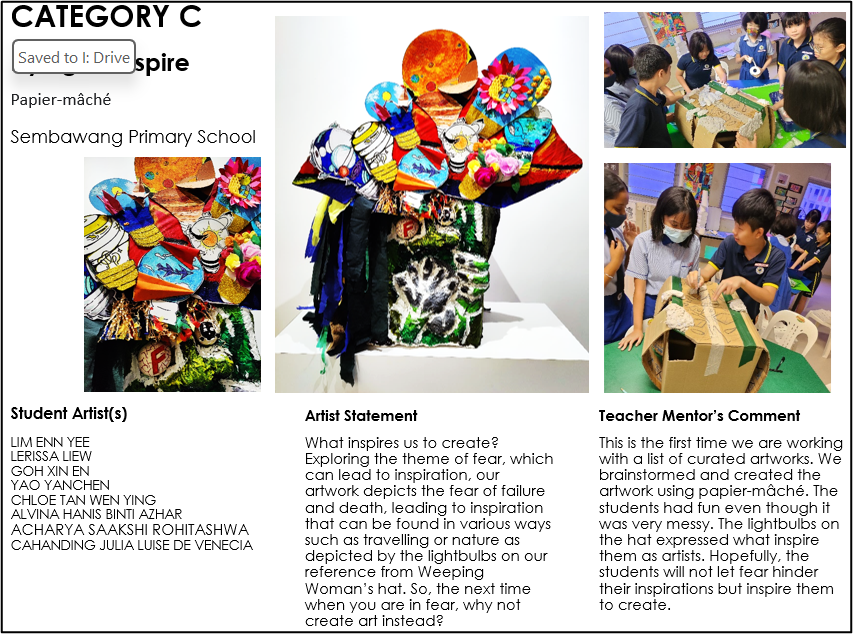 A poster from Sembawang Primary School showing a large cardboard fish sculpture with an open mouth, its body packed with colorful plastic trash like bottle caps and packaging. Includes student photos building the piece, an artist statement on ocean plastic pollution, and a teacher's comment praising the students' teamwork and environmental awareness.