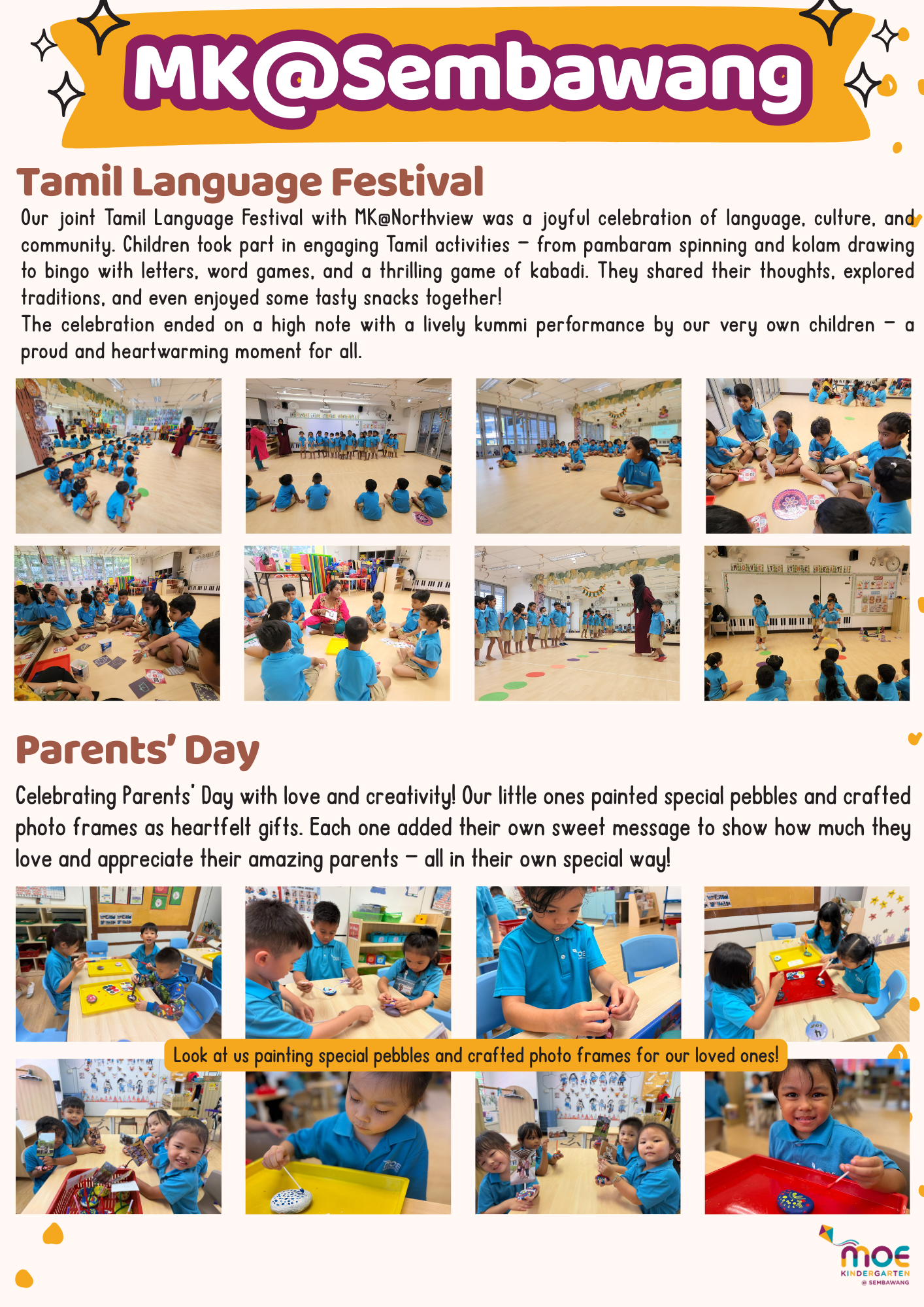 MK@Sembawang school newsletter showing children in blue uniforms at Tamil Language Festival and Parents' Day activities.
