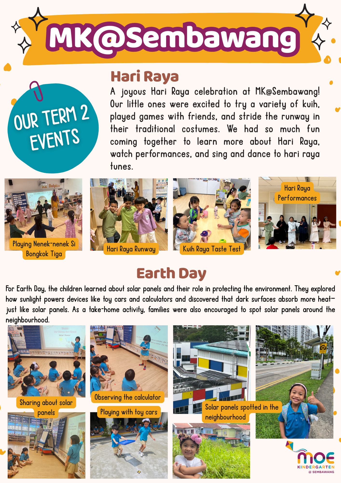 MK@Sembawang kindergarten newsletter showing Term 2 events: Hari Raya celebration and Earth Day activities with children.