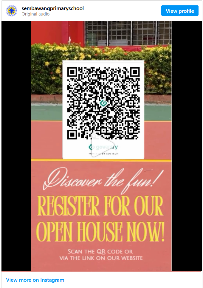 Instagram post from sembawangprimaryschool: a red poster with "Discover the fun! Register for our Open House now!" in yellow and white text, featuring a GovEntry QR code to scan for registration, set against a school courtyard background with red flooring and greenery.