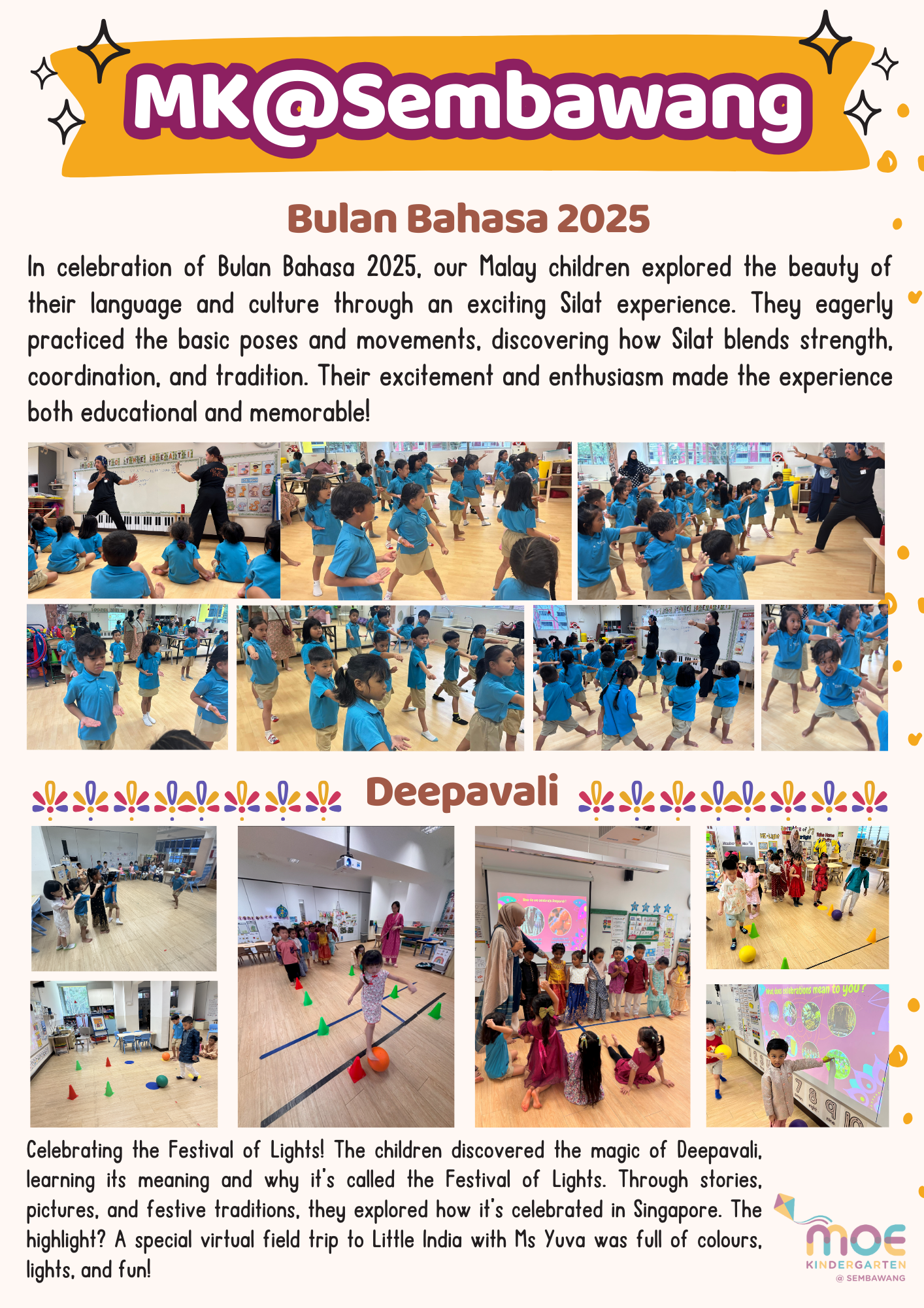 Kindergarten newsletter showing children in blue uniforms practicing Silat poses and celebrating Deepavali at MK Sembawang.