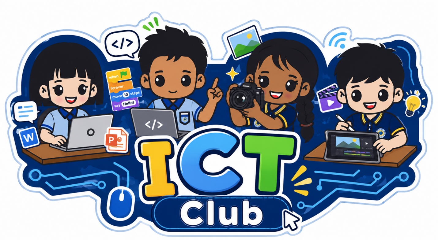 An illustrated ICT Club logo/banner featuring four cartoon student characters engaged in different tech activities — coding, photography, video editing, and using Word/PowerPoint — with the text "ICT Club" prominently displayed.