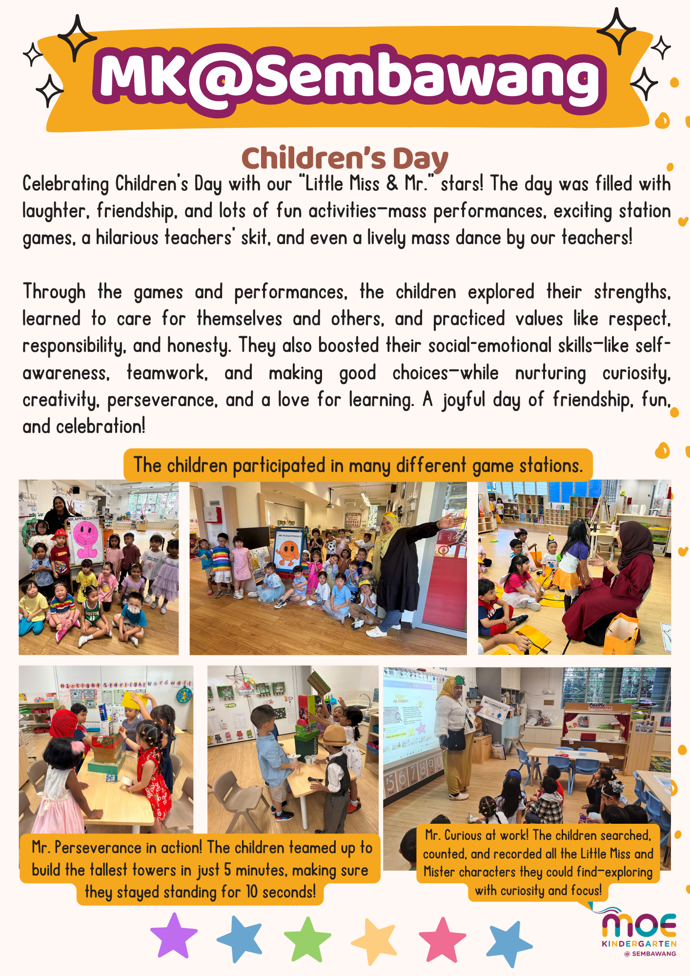 A colorful Children's Day flyer for MK Sembawang showing young children and teachers at game stations in a classroom.