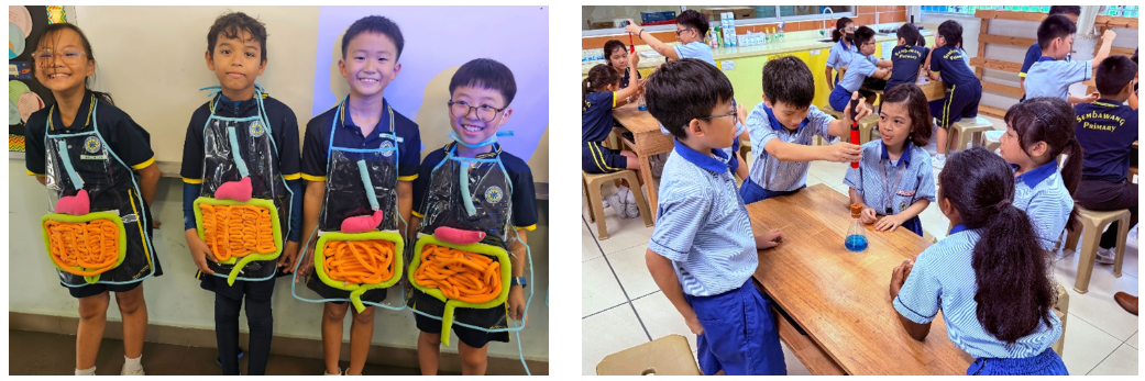 (left) Four students in navy school uniforms wearing homemade digestive system aprons, each decorated with orange coiled "intestines" and organ shapes. (right) Students in blue-and-white checked uniforms gather around a table conducting a science experiment with a blue liquid in a flask and test tube rack.