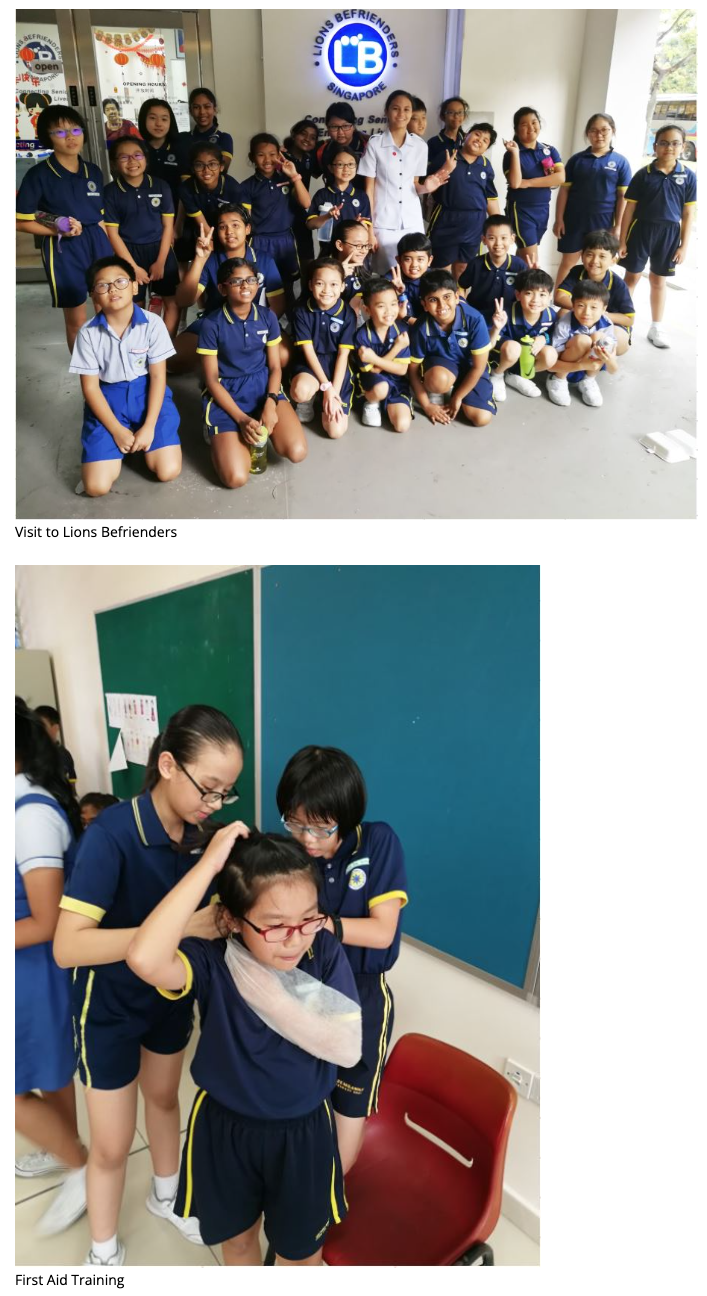 Students in navy uniforms pose at Lions Befrienders Singapore, and practice first aid sling application in a classroom.