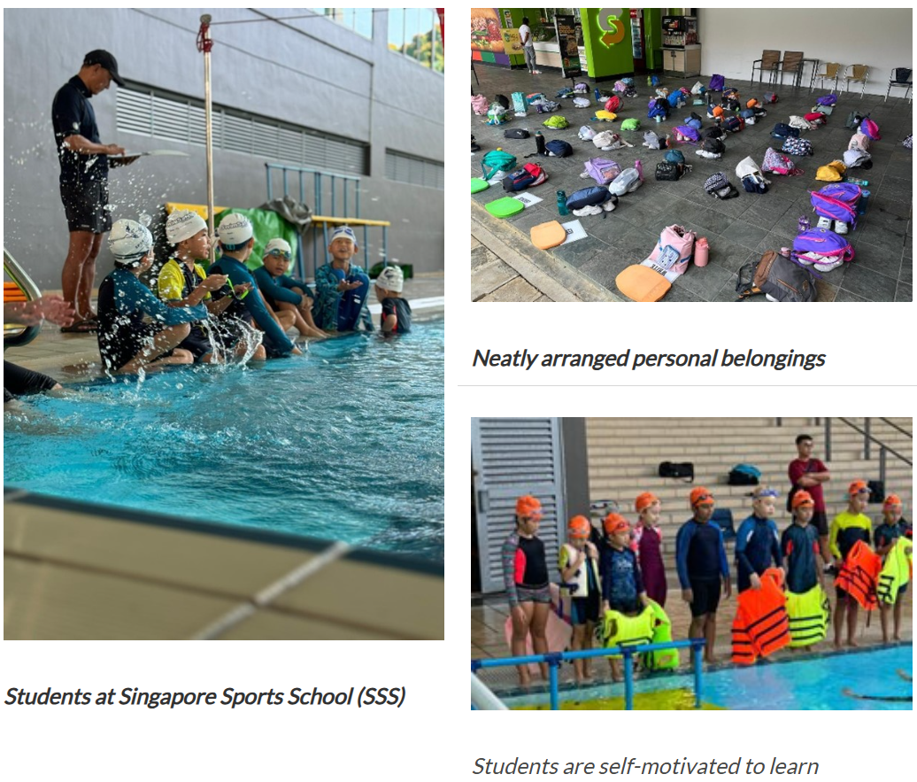 Students at Singapore Sports School (SSS): An instructor stands in the pool giving instructions to a row of students seated at the poolside wearing swim caps. Neatly arranged personal belongings: Rows of backpacks and swim gear laid out tidily on the floor. Students are self-motivated to learn: A line of students in orange and yellow swim caps stand poolside holding orange and yellow flotation vests.