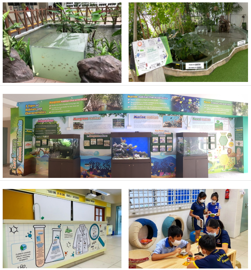 A set of six photos showing: a glass-walled pond feature with fish and plants; a garden pond area with an informational signboard; a "Let's Learn About Habitats" display featuring Mangrove, Marine, and Forest Habitat panels with aquariums; a wall display about climate change with lab-themed illustrations; and students in masks working together at a table with a Lego-style model, tyres, and craft materials in what appears to be a nature corner or learning garden.